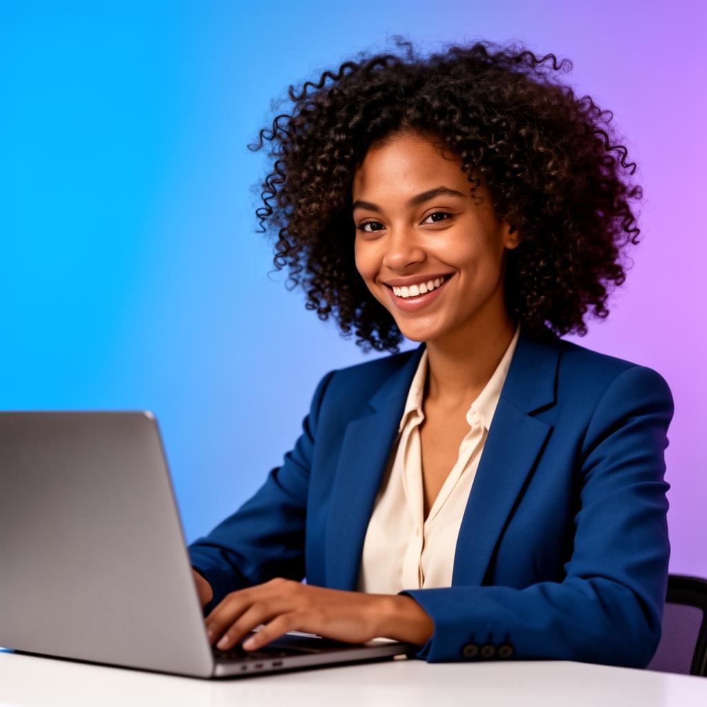 Professionnelle heureuse gérant les avis clients avec Replia